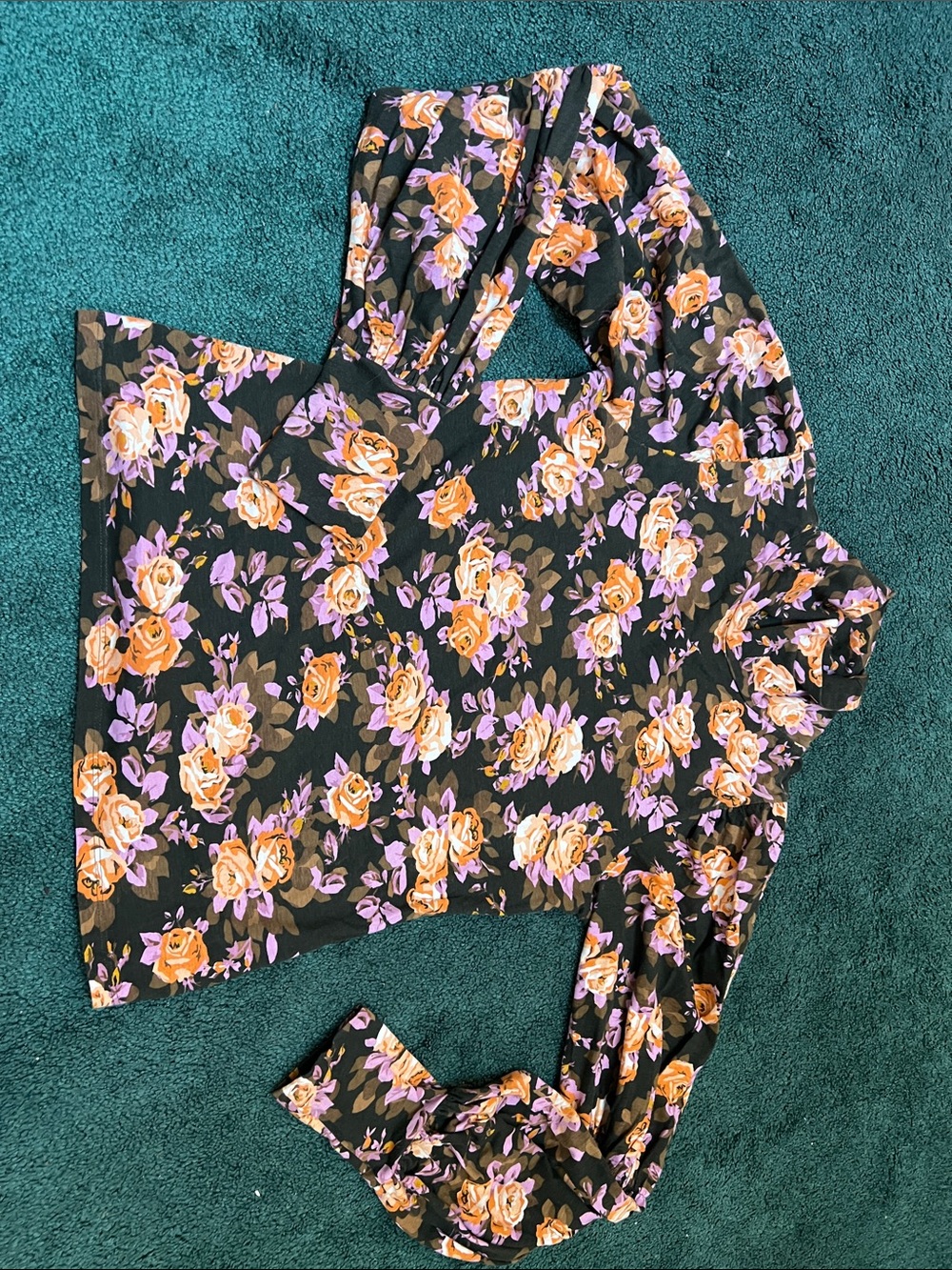 Anthropologie Black Floral Long-Sleeve Top with Orange and Lavender Roses